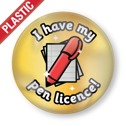 Pen Licence Plastic Button Badges (Pack of 10) by School Badges UK