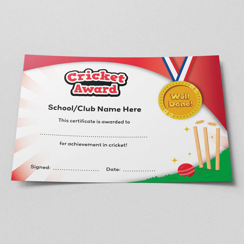 Cricket Award Certificate (Pack of 10) by School Badges UK