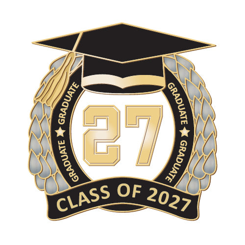 Graduate Badge by School Badges UK - A graduation commemorative badge or pin featuring a black mortarboard cap, gold and white number 27 in the center, a black ribbon reading CLASS OF 2027, and gray laurel branches with the word GRADUATE around the border.