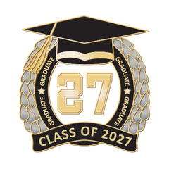 Graduate Badge by School Badges UK - A graduation commemorative badge or pin featuring a black mortarboard cap, gold and white number 27 in the center, a black ribbon reading CLASS OF 2027, and gray laurel branches with the word GRADUATE around the border.