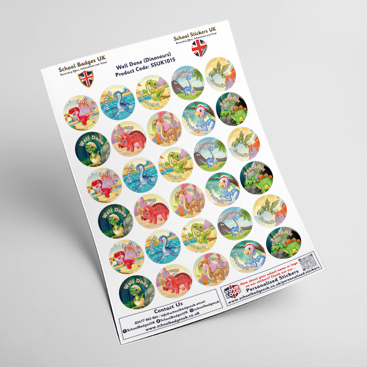 Well Done Dinosaur Stickers by School Badges UK