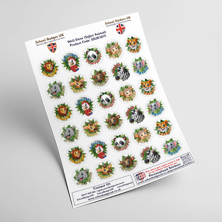 Well Done Safari Animal Stickers by School Badges UK