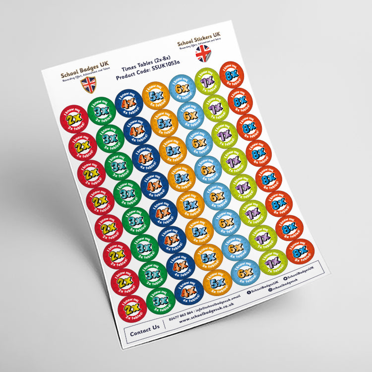 Times Tables Award Chart and Stickers (Pack of 8) - School Badges UK