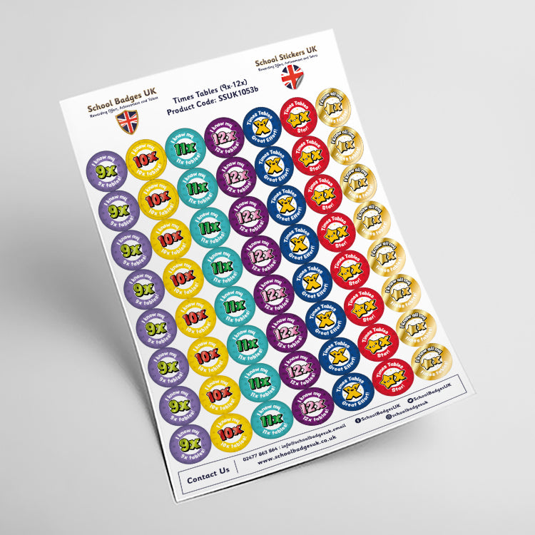 Times Tables Award Chart and Stickers (Pack of 8) - School Badges UK
