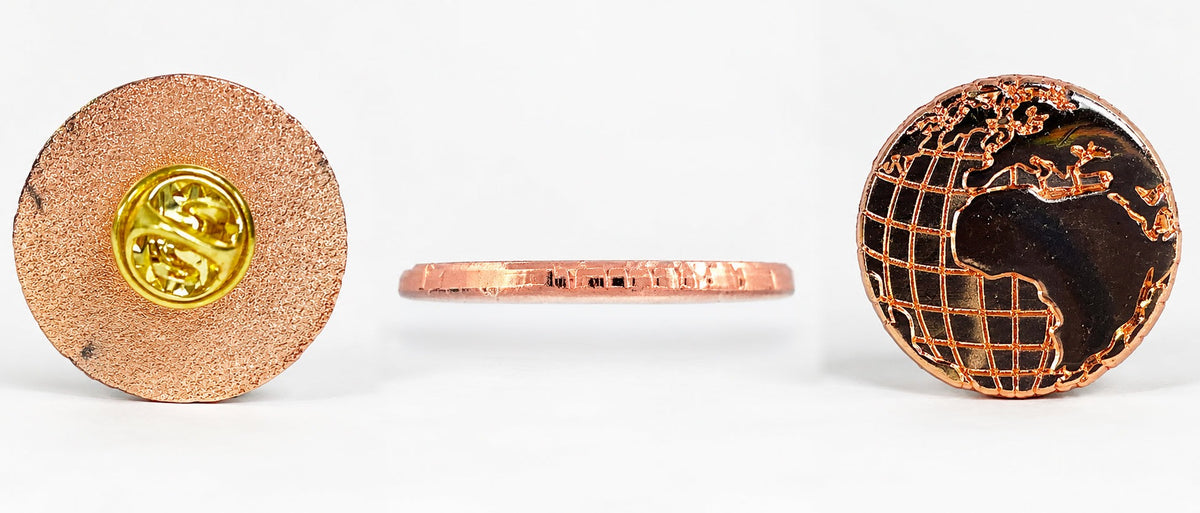 Cheaper alternative rose gold globe pin badge in three views: back with butterfly clutch, side profile, and polished front