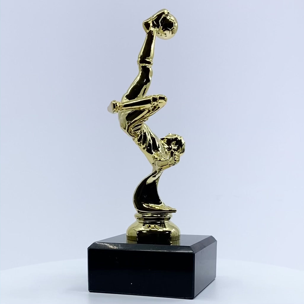 Load video: Bicycle Kick Football Trophy with Marble Base Video by School Badges UK