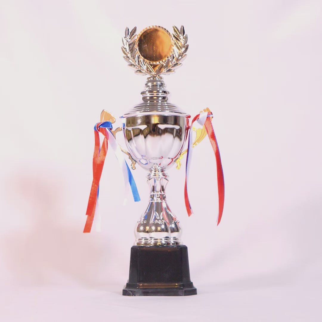Load video: Personalised Silver Laurel Cup Trophy Video by School Badges UK