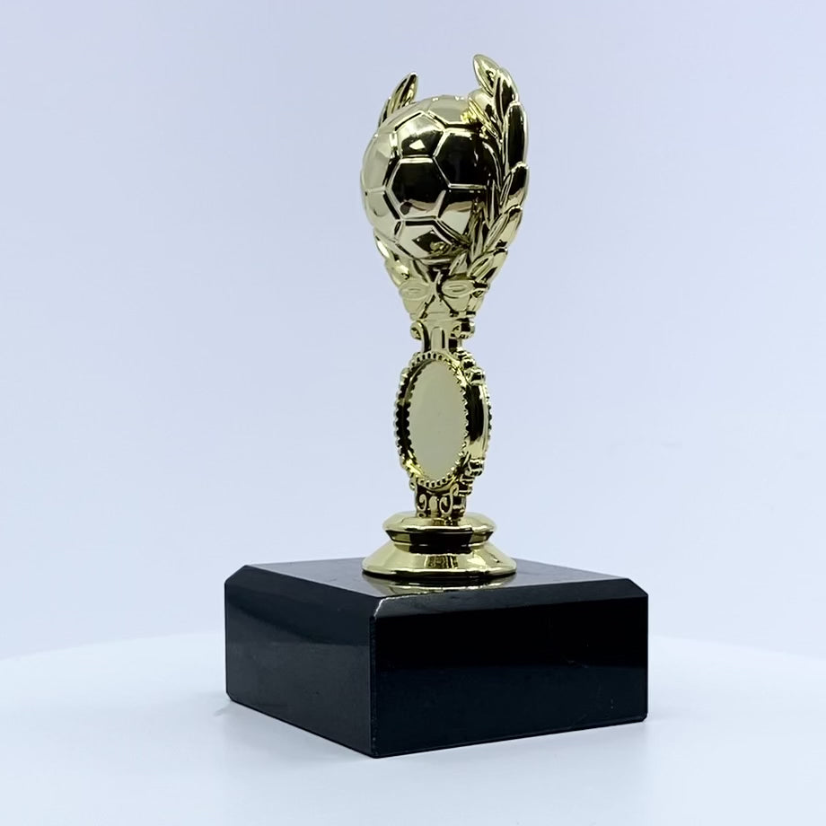 Load video: Personalised Football Laurel Wreath Football Trophy with Marble Base Video by School Badges UK
