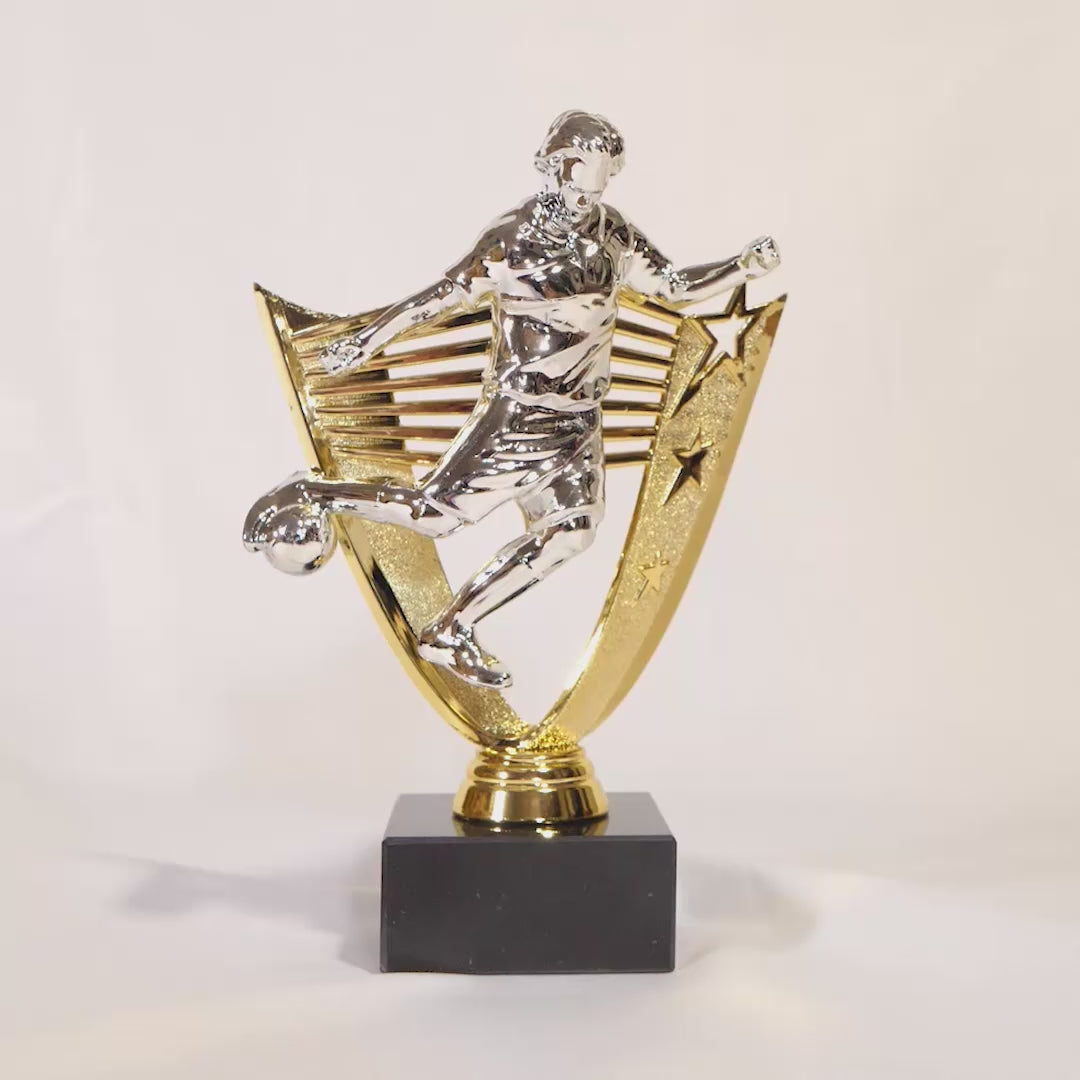 Load video: Male Football Silver &amp; Gold Trophy Video by School Badges UK